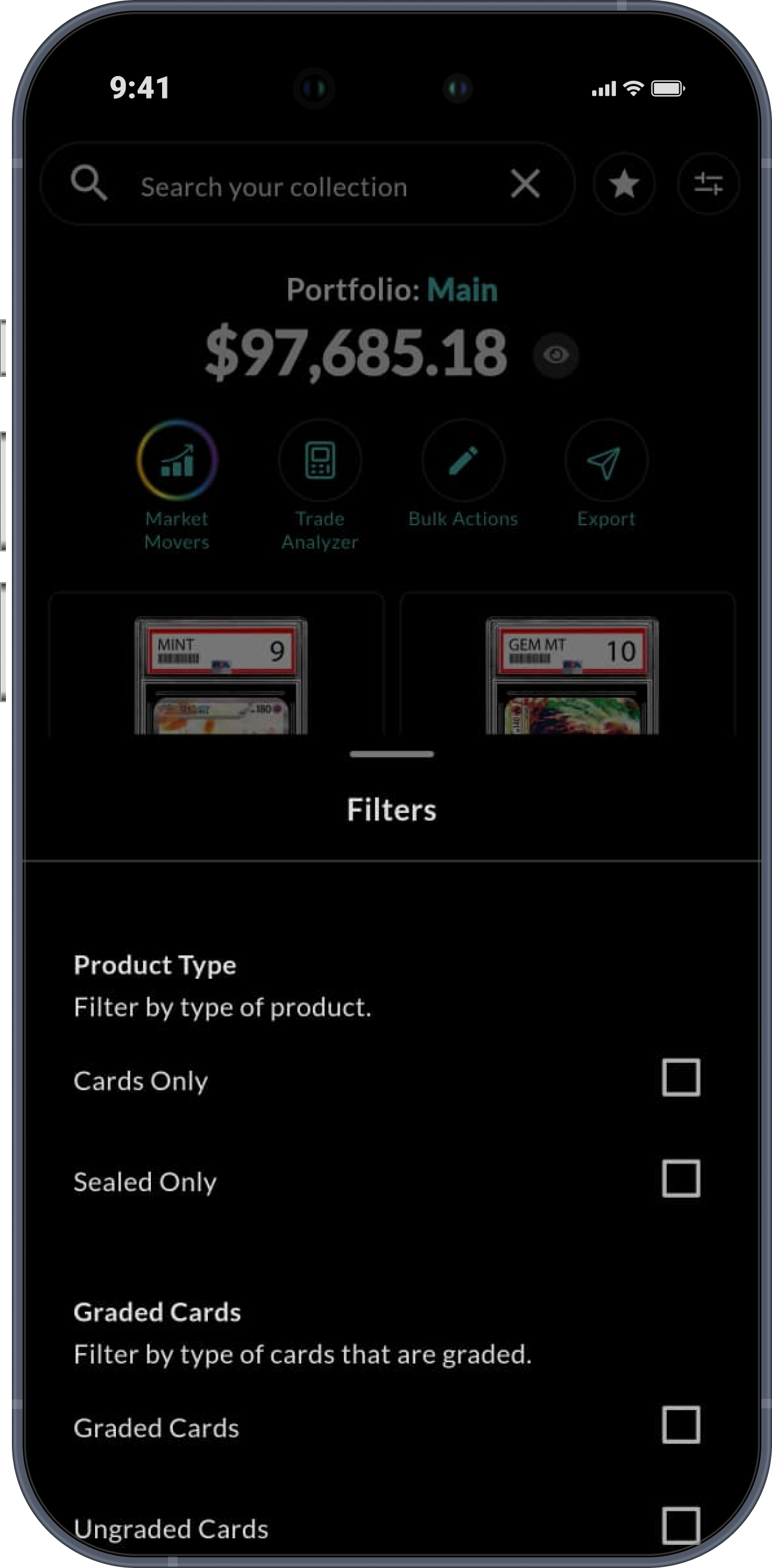 Filter panel with product type, graded, price, language and TCG options